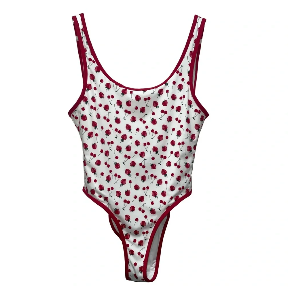 Pink by Frankie's Bikinis Marlow One-Piece Swimsuit Cherry Strawberry Large NWT